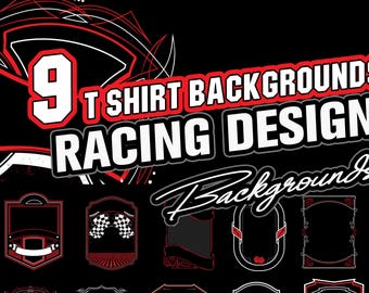 May include: Nine racing-themed t-shirt background designs. The designs feature checkered flags, racing stripes, and other racing-related imagery. The text "9 T-shirt Backgrounds Racing Design" is displayed at the top of the image.
