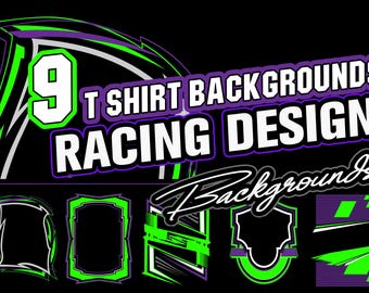 Puede incluir: Nueve fondos de camiseta para el diseño de carreras. Los fondos son en negro, blanco, verde y morado. El texto "9 T-shirt Backgrounds Racing Design" está en blanco con un contorno morado.
