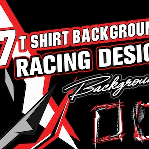 Könnte beinhalten: Grafikdesign mit schwarzem Hintergrund, roten und weißen Akzenten. Der Text lautet "7 T SHIRT BACKGROUNDS RACING DESIGN". Am unteren Rand sind zwei Rahmenentwürfe zum Thema Rennen zu sehen.