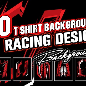 Op de afbeelding: 10 T-shirt Achtergronden Racing Design. Een verzameling van 10 grafische ontwerpen met rode en witte geometrische vormen op een zwarte achtergrond. De ontwerpen zijn perfect voor het maken van aangepaste T-shirts.