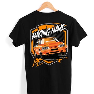 May include: Black t-shirt with an orange graphic of a car with the text "Racing Name" on a shield.