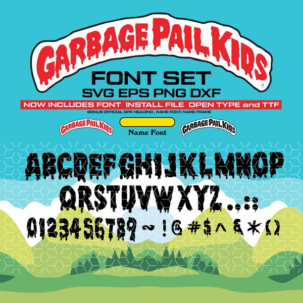 Garbage Pail Kids SVG Bundle Schrift + Bonus TTF Schrift, 80er Jahre SVG Dateien, Retro, cut Datei, svg Dateien für Silhouette, Cricut, svg, dxf, eps,