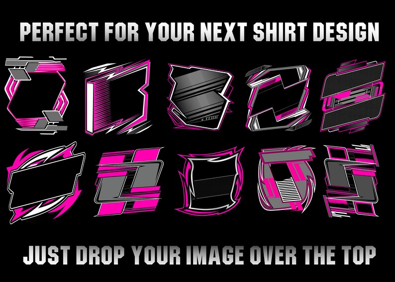 May include: Set of 12 graphic design elements featuring black, white, and pink geometric shapes with sharp angles. The text "PERFECT FOR YOUR NEXT SHIRT DESIGN" and "JUST DROP YOUR IMAGE OVER THE TOP" is included.