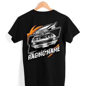 May include: Black t-shirt with a graphic of a silver muscle car with an open hood and the text "RACING-NAME" in orange.
