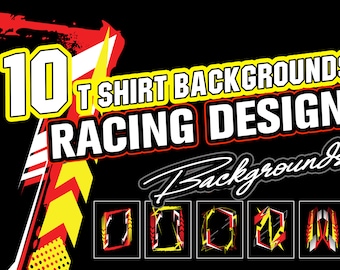 May include: 10 T-shirt Backgrounds Racing Design. A graphic design template with a black background, red and yellow accents, and a lightning bolt design. The text "10 T-shirt Backgrounds Racing Design" is in white letters. There are 8 different design templates shown in the image.