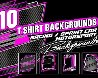 Puede incluir: Diez fondos de camiseta Racing / Sprint Car Motorsport Backgrounds. Un conjunto de diez diseños gráficos en blanco y negro con acentos rosas. Los diseños presentan una variedad de elementos con temática de carreras, como banderas a cuadros, rayas de carreras y líneas de velocidad.
