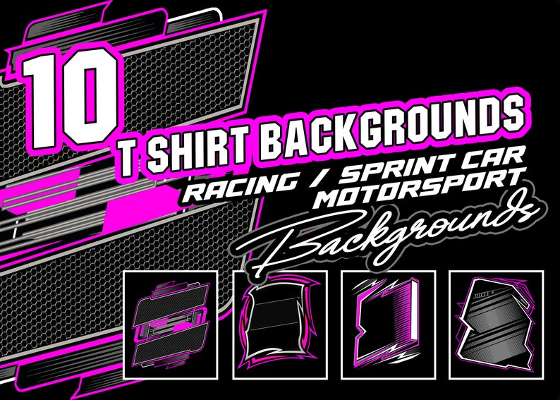 May include: Ten T-shirt Backgrounds Racing / Sprint Car Motorsport Backgrounds.  A set of ten black and white graphic designs with pink accents.  The designs feature a variety of racing-themed elements, such as checkered flags, racing stripes, and speed lines.