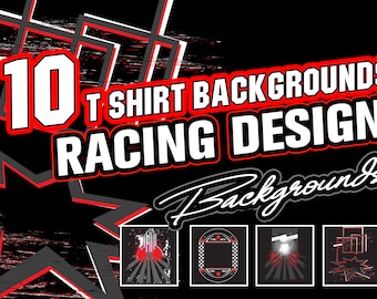 May include: Ten T-shirt Backgrounds Racing Design. A set of 10 graphic designs for t-shirts featuring racing themes. The designs include a checkered flag, a star, and a sunburst.