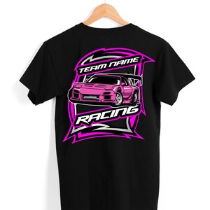 May include: Black t-shirt with a pink graphic of a race car and the text "TEAM NAME RACING" on the back.