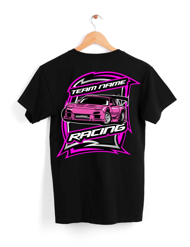 May include: Black t-shirt with a pink graphic of a race car and the text "TEAM NAME RACING" on the back.