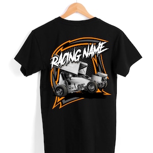 May include: Black t-shirt with an orange and gray graphic of a race car with the text "RACING NAME" on the back.