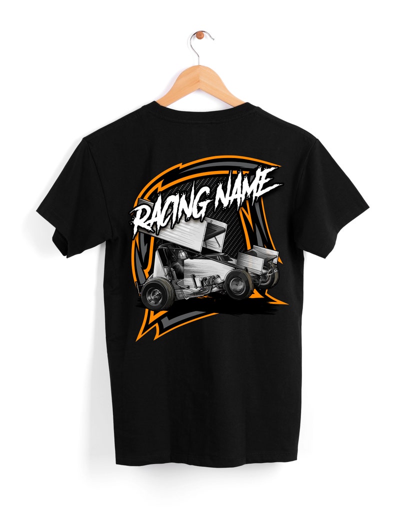 May include: Black t-shirt with an orange and gray graphic of a race car with the text "RACING NAME" on the back.