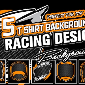 May include: Five racing-themed t-shirt background designs. The backgrounds feature a black and white carbon fiber pattern with orange accents. The text "5 T SHIRT BACKGROUNDS RACING DESIGN" is displayed in white with a black outline.
