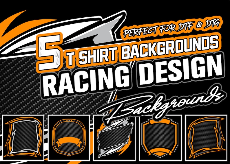 May include: Five racing-themed t-shirt background designs. The backgrounds feature a black and white carbon fiber pattern with orange accents. The text "5 T SHIRT BACKGROUNDS RACING DESIGN" is displayed in white with a black outline.