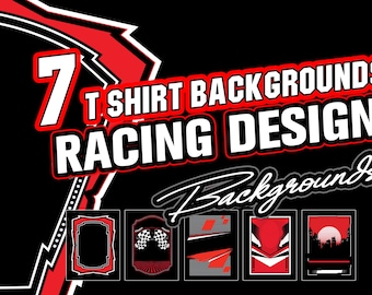 May include: Seven racing-themed t-shirt background designs. The designs feature a checkered flag, a red and white stripe, a red and white wing, and a cityscape with a red sun.