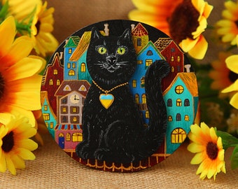 Hand Painted Wooden Fridge Magnet, Black cat magnet, Ukrainian wooden magnet, volumetric magnet sweet cat, Handmade magnet, Ukrainian art