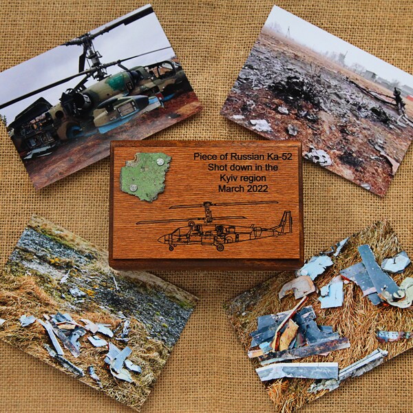 Wooden box with piece of russian aircraft, KA-52, Attack helicopter, Shot Down in Ukraine, Piece of russian aircraft,aircraft Keychain