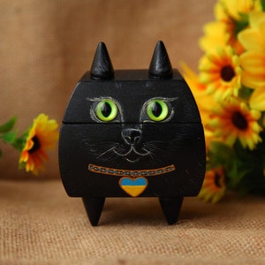Ukrainische Katzenbox, ukrainische handgemachte, schöne schwarze Katze, ukrainische Schmuckschatulle, ukrainische Box, Holzkiste, Handgemachte Box, Handgemalte Box