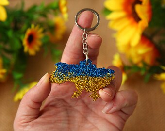 Keychain Ukraine,shiny epoxy resin keychain,blue yellow handmade keychain,keychain with sparkles,handmade ukrainian keychain,made in Ukraine