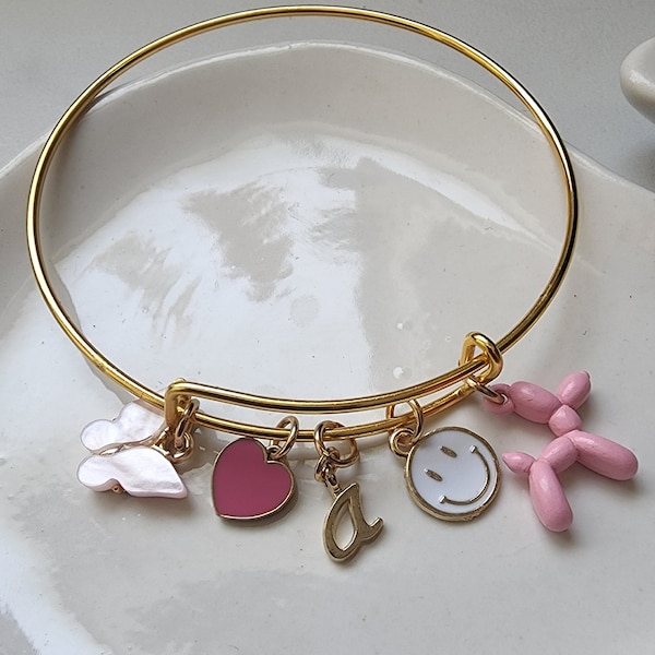 Pulsera de brazalete de encanto de oro personalizado, diseñe el suyo propio, elija sus encantos, apilable, regalo de cumpleaños, regalo personalizado para ella, regalos menores de 20 años