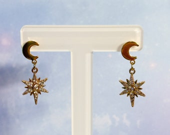 Moon and Star Dangle Earrings | Simple Earrings Drop Moon Earrings Celestial Earrings Dangle Earrings Elegant Earrings Girly Earrings