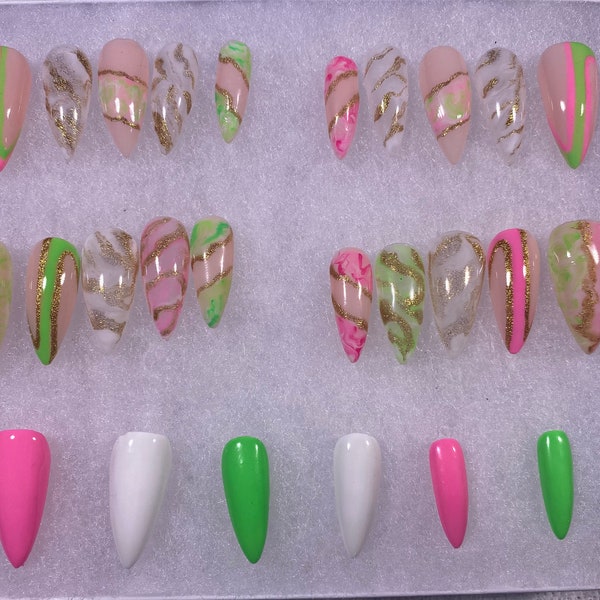 AKA Pink and Green Marble Press On Nails