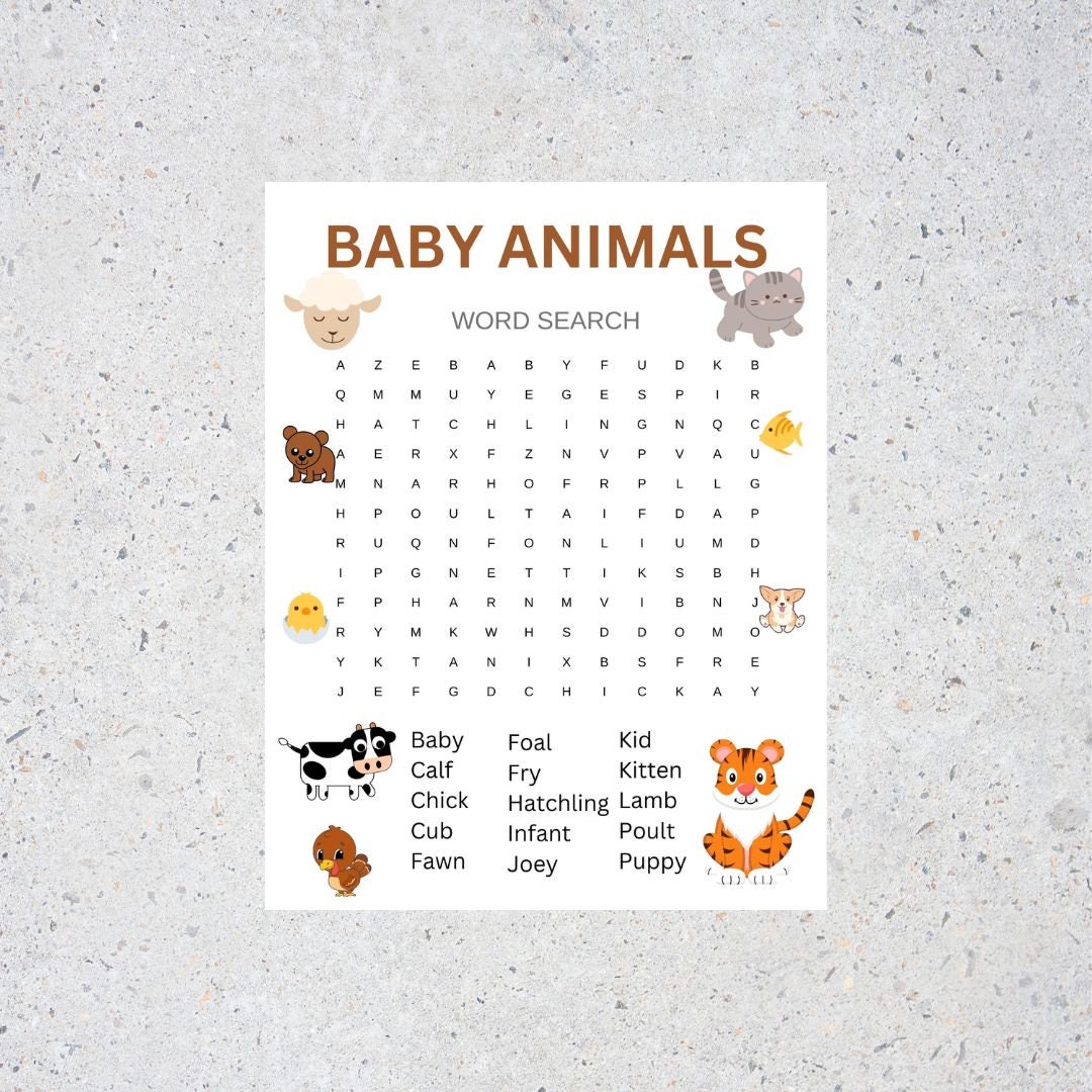 Baby Animals Word Search With Answer Key - Printable - Etsy