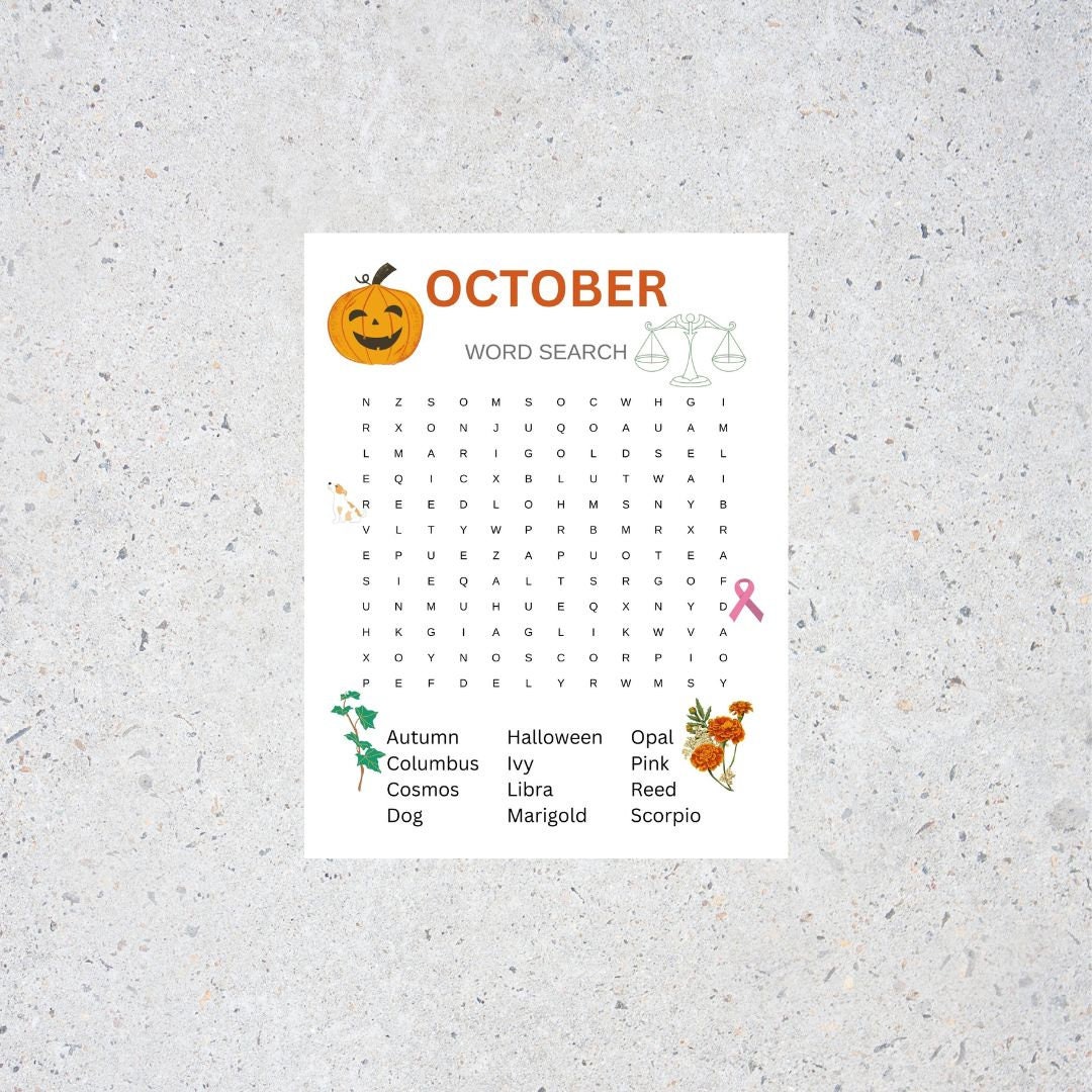 Word Search Puzzle October – Printable - Etsy