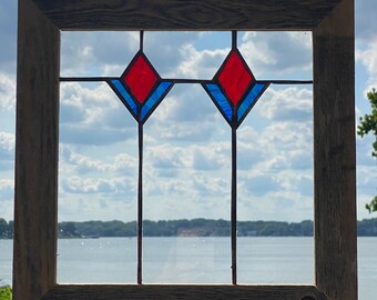 Framed Flower Stained Glass Window Red/Blue