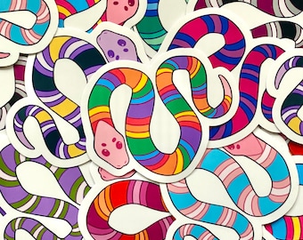 May include: A collection of colorful, striped snake stickers. The stickers are all different colors and patterns, and they are arranged in a random order.