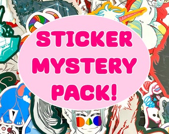 Puede incluir: Una colección de pegatinas coloridas con varias ilustraciones, incluyendo personajes de estilo anime, animales y criaturas fantásticas. Las pegatinas están dispuestas alrededor de un óvalo rosa con el texto "STICKER MYSTERY PACK!" en letras rosas.