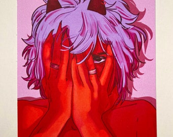 Puede incluir: Ilustración de una persona con piel roja y cabello morado, cubriéndose la cara con las manos. La persona tiene pequeños cuernos rojo oscuro y lleva anillos. El fondo es un degradado de rosa y morado.