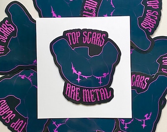 Puede incluir: Varias pegatinas con fondo azul oscuro y texto rosa. El texto en las pegatinas dice "Top Scars Are Metal".
