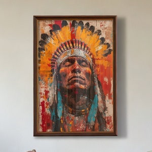May include: A framed canvas print of a Native American man wearing a headdress. The background is a colorful abstract design with red, yellow, and blue hues. The print is hanging on a white wall above a light brown couch with pillows and a coffee table.