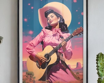 May include: A framed art print featuring a vintage illustration of a woman in a pink dress and hat playing a guitar. The artwork has a desert landscape background with a starry sky. The print is displayed on a white wall, surrounded by potted plants.