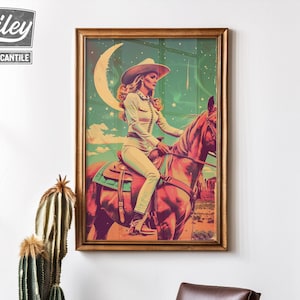 Retro Cowgirl Wearing All White Riding Horse Art Print | Cosmic ...