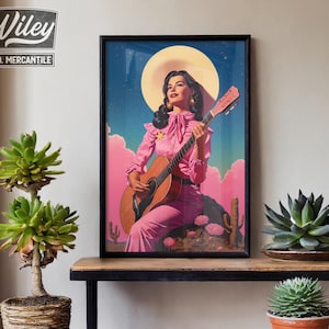 Latin Cowgirl Playing Guitar Art Print | Retro Space Cowgirl Wall Art, Vintage Cowgirl Art, Surreal Western Art Print, Southwest Desert Art