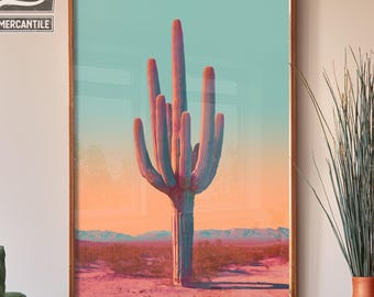 Retro Saguaro Cactus Wall Art Print, Colorful Southwestern Desert Landscape, Vintage Cactus Art Poster, Mid Century Modern Western Decor