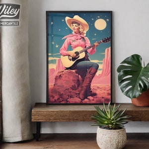 Cosmic Cowgirl Playing Guitar Art Print | Retro Space Cowgirl Wall Art, Vintage Cowgirl Art, Surreal Western Art Print, Southwest Desert Art