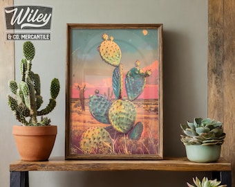 Prickly Pear Cactus Art Print | Retro Cactus Wall Art, Vintage Western Art, Surreal Southwest Desert Landscape Sunset Print, Cowboy Wall Art