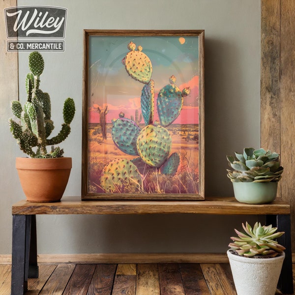 Prickly Pear Cactus Art Print | Retro Cactus Wall Art, Vintage Western Art, Surreal Southwest Desert Landscape Sunset Print, Cowboy Wall Art