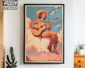 Vintage Cowgirl Singing from Heavens Art Print, Retro Cosmic Cowgirl Print, Modern Western Boho Wall Decor, Cowgirl Decoration, Giclée Print