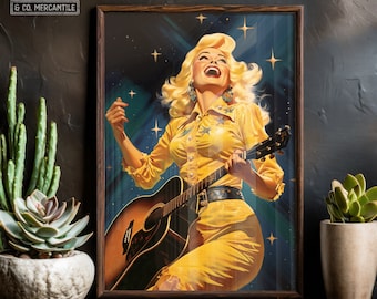 Cosmic Cowgirl Playing Guitar Art Print | Retro Space Cowgirl Wall Art, Vintage Cowgirl Art, Surreal Western Art Print, Southwest Desert Art