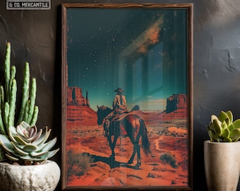 Retro Cowgirl Riding Horse Art Print | Cosmic Space Cowgirl Wall Art, Vintage Cowboy Art, Surreal Western Art Print, Southwest Desert Art
