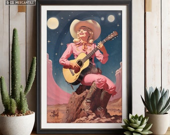 Cosmic Cowgirl Playing Guitar Art Print | Retro Space Cowgirl Wall Art, Vintage Cowboy Art, Surreal Western Art Print, Southwest Desert Art