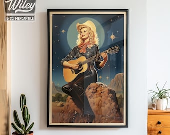 May include: A vintage poster featuring a woman in a cowboy hat playing an acoustic guitar. The poster has a blue background with stars and a full moon. The text "Wiley & Co. Mercantile" is at the top of the poster.