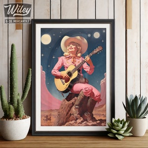 Cosmic Cowgirl Playing Guitar Art Print | Retro Space Cowgirl Wall Art, Vintage Cowboy Art, Surreal Western Art Print, Southwest Desert Art