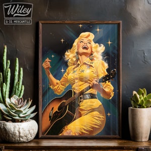 Cosmic Cowgirl Playing Guitar Art Print | Retro Space Cowgirl Wall Art, Vintage Cowgirl Art, Surreal Western Art Print, Southwest Desert Art