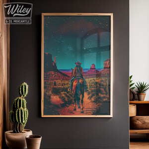 Retro Cowgirl Riding Horse Art Print | Cosmic Cowgirl Wall Art, Vintage ...