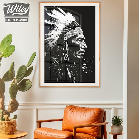 Native American Indian Chief Art Print, Vintage Black & White